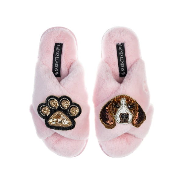 Laines London Classic Laines Slippers With Ziggy The Beagle & Paw Brooches