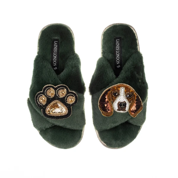 laines london Classic Laines Slippers With Ziggy The Beagle & Paw Brooches