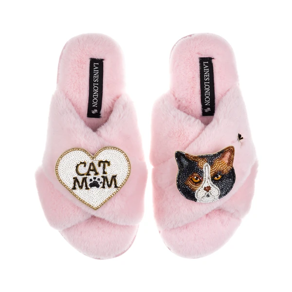 Laines London Classic Slippers With Cat Mum/Mom & Calico British Shorthair Cat Brooches
