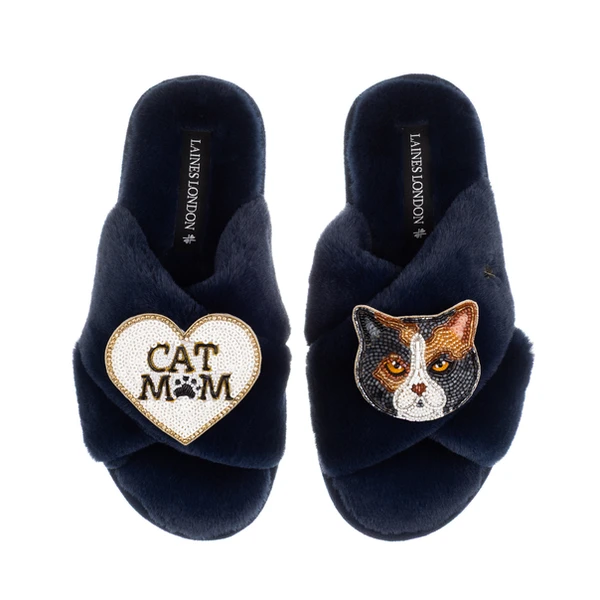 Laines London Classic Slippers With Cat Mum/Mom & Calico British Shorthair Cat Brooches