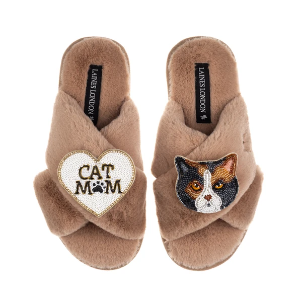 Laines London Classic Slippers With Cat Mum/Mom & Calico British Shorthair Cat Brooches