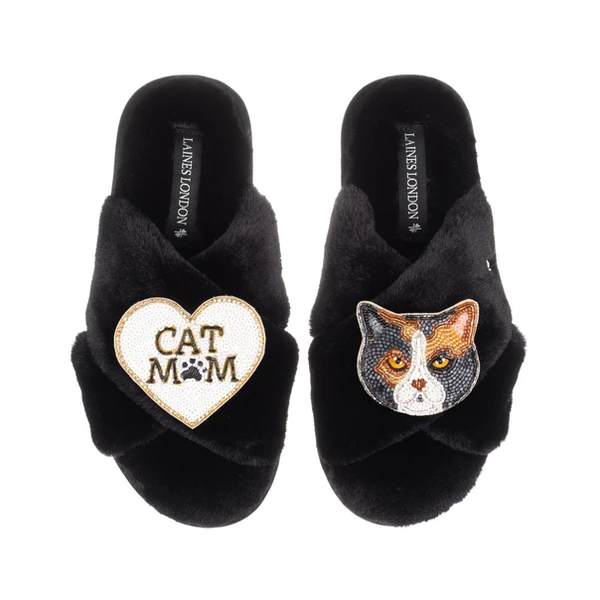 laines london Classic Slippers With Cat Mum/Mom & Calico British Shorthair Cat Brooches