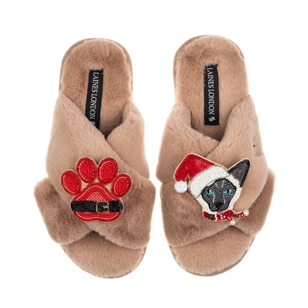 Laines London Classic Slippers With Christmas Black & White Siamese Cat & Paw Brooches