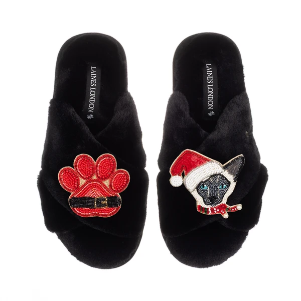 Laines London Classic Slippers With Christmas Black & White Siamese Cat & Paw Brooches