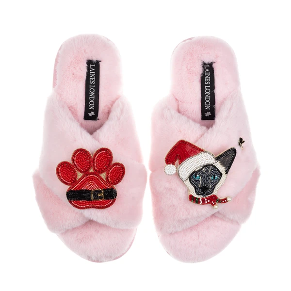 Laines London Classic Slippers With Christmas Black & White Siamese Cat & Paw Brooches