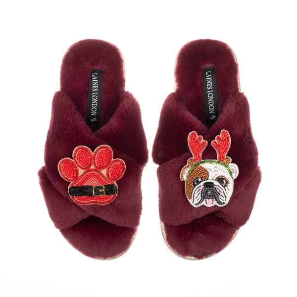 Laines London Classic Slippers With Christmas British Bulldog & Paw Brooches