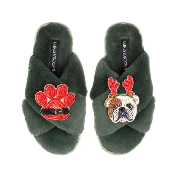 Laines London Classic Slippers With Christmas British Bulldog & Paw Brooches