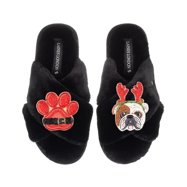 Laines London Classic Slippers With Christmas British Bulldog & Paw Brooches