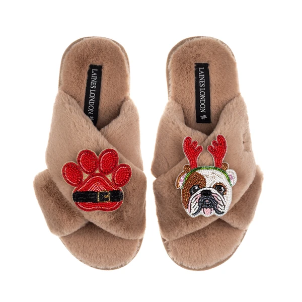laines london Classic Slippers With Christmas British Bulldog & Paw Brooches