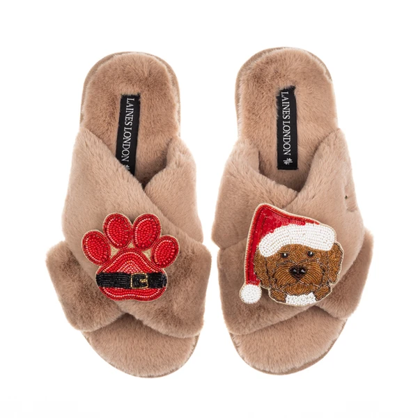 Laines London Classic Slippers With Christmas Brown Cockapoo & Paw Brooches