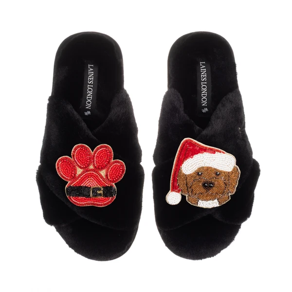 Laines London Classic Slippers With Christmas Brown Cockapoo & Paw Brooches