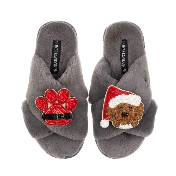 Laines London Classic Slippers With Christmas Brown Cockapoo & Paw Brooches