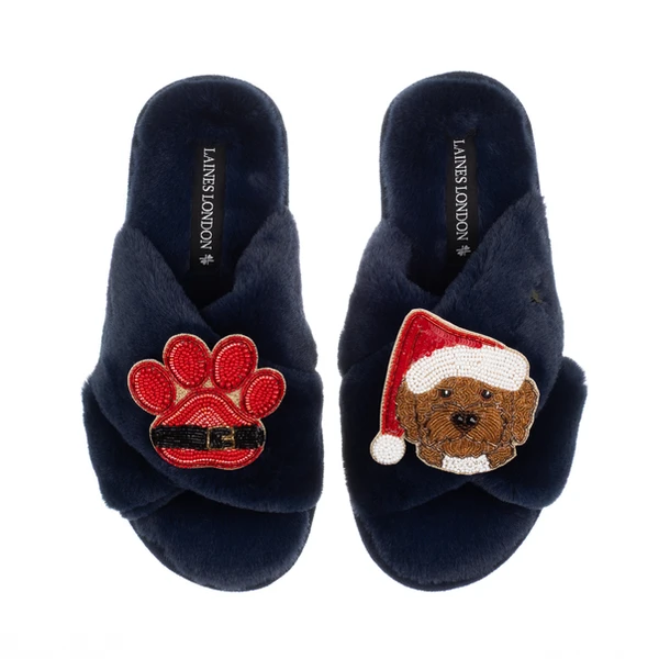 laines london Classic Slippers With Christmas Brown Cockapoo & Paw Brooches