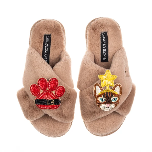 Laines London Classic Slippers With Christmas Brown/Orange Tabby Cat & Paw Brooches