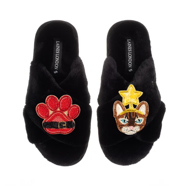 Laines London Classic Slippers With Christmas Brown/Orange Tabby Cat & Paw Brooches