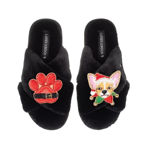 Laines London Classic Slippers With Christmas Chihuahua & Paw Brooches
