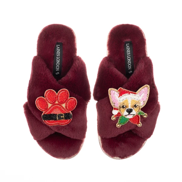 Laines London Classic Slippers With Christmas Chihuahua & Paw Brooches