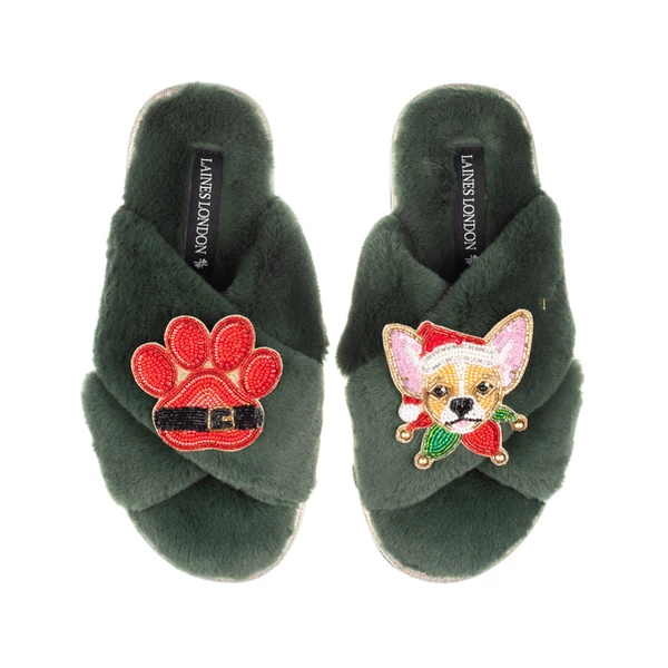 Laines London Classic Slippers With Christmas Chihuahua & Paw Brooches