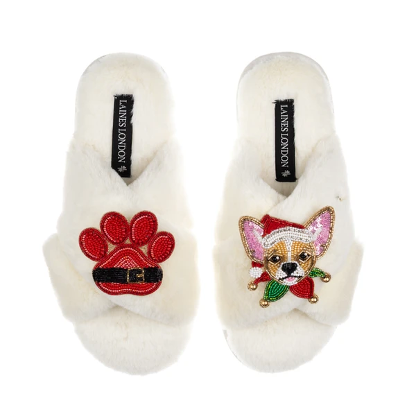 laines london Classic Slippers With Christmas Chihuahua & Paw Brooches