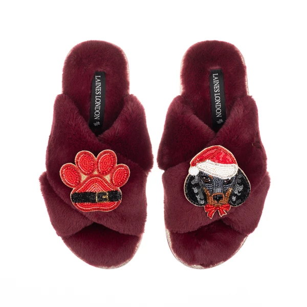 Laines London Classic Slippers With Christmas Dachshund & Paw Brooches