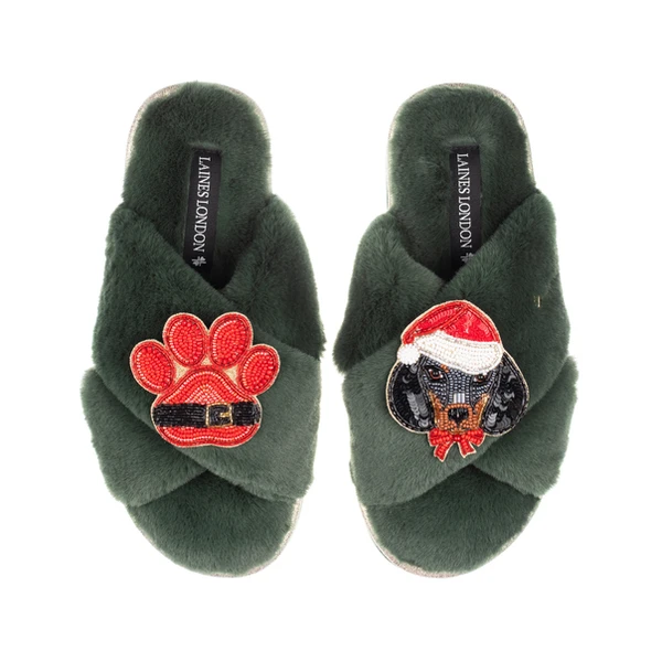 Laines London Classic Slippers With Christmas Dachshund & Paw Brooches