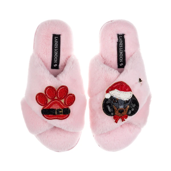 Laines London Classic Slippers With Christmas Dachshund & Paw Brooches