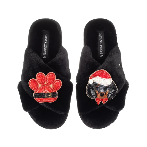 laines london Classic Slippers With Christmas Dachshund & Paw Brooches