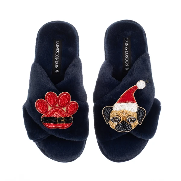 Laines London Classic Slippers With Christmas Fawn Pug & Paw Brooches