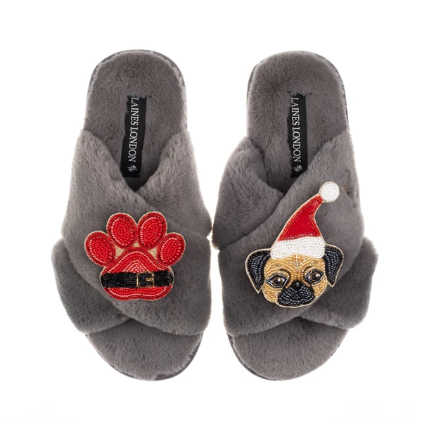 Laines London Classic Slippers With Christmas Fawn Pug & Paw Brooches