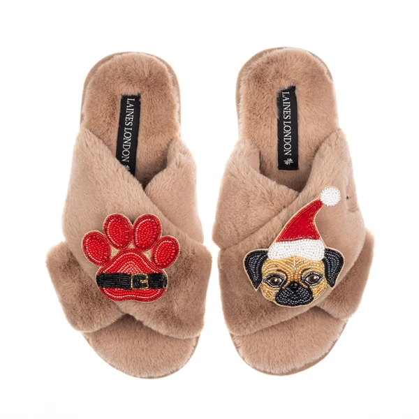laines london Classic Slippers With Christmas Fawn Pug & Paw Brooches