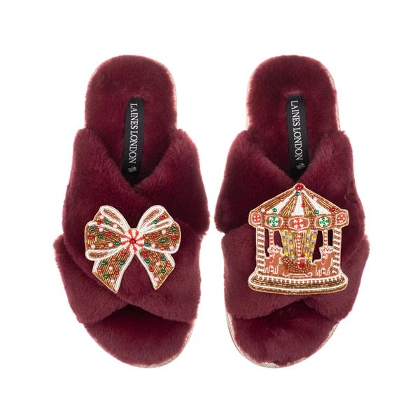 Laines London Classic Slippers With Christmas Gingerbread Bow & Carousel Brooches