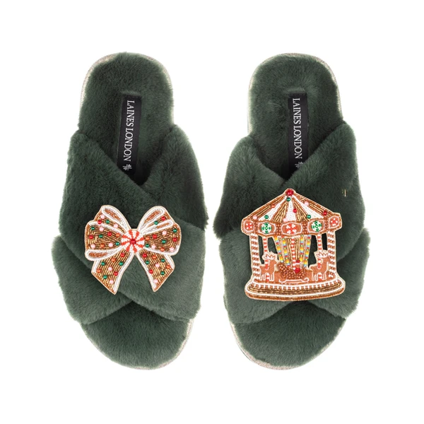 Laines London Classic Slippers With Christmas Gingerbread Bow & Carousel Brooches