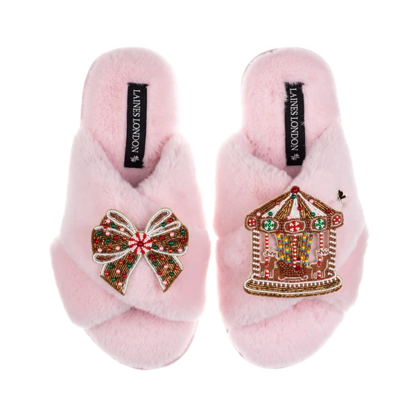 Laines London Classic Slippers With Christmas Gingerbread Bow & Carousel Brooches