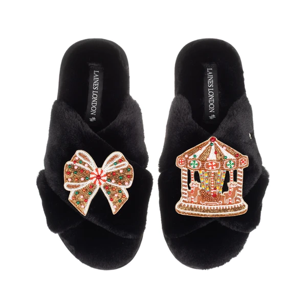 laines london Classic Slippers With Christmas Gingerbread Bow & Carousel Brooches