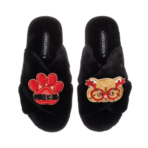 Laines London Classic Slippers With Christmas Golden British Shorthair Cat & Paw Brooches