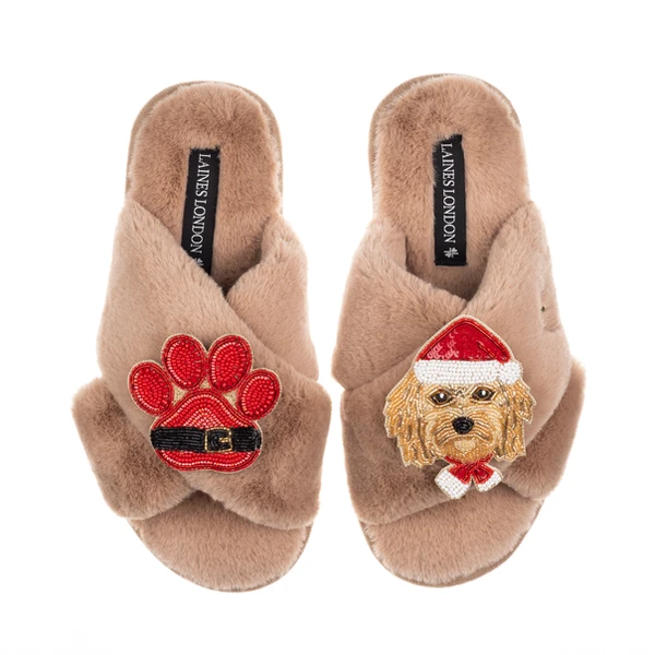 Laines London Classic Slippers With Christmas Golden Cavapoo & Paw Brooches