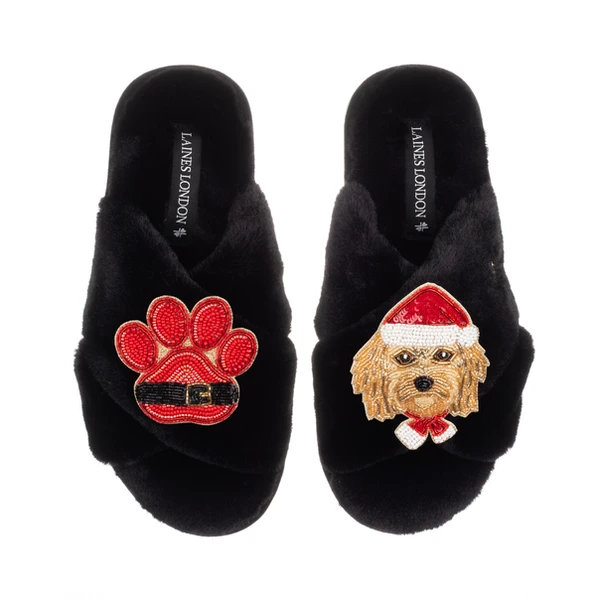 Laines London Classic Slippers With Christmas Golden Cavapoo & Paw Brooches