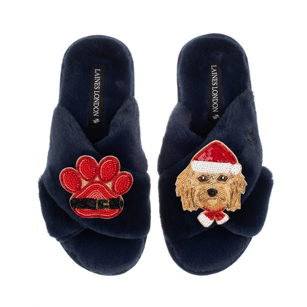 Laines London Classic Slippers With Christmas Golden Cavapoo & Paw Brooches