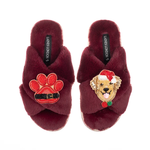 Laines London Classic Slippers With Christmas Golden Retriever & Paw Brooches
