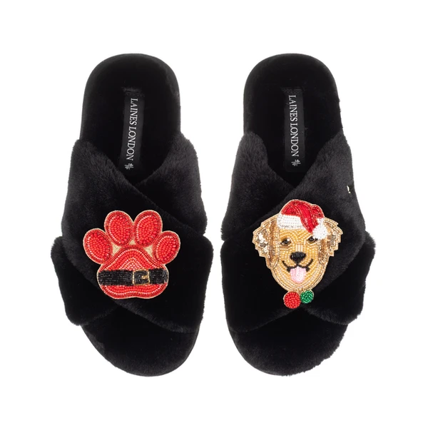 Laines London Classic Slippers With Christmas Golden Retriever & Paw Brooches