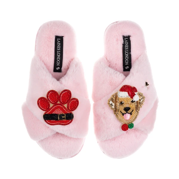Laines London Classic Slippers With Christmas Golden Retriever & Paw Brooches