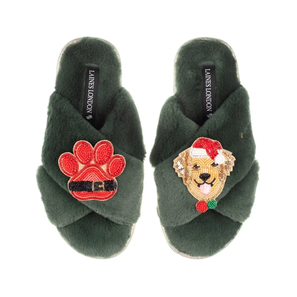laines london Classic Slippers With Christmas Golden Retriever & Paw Brooches