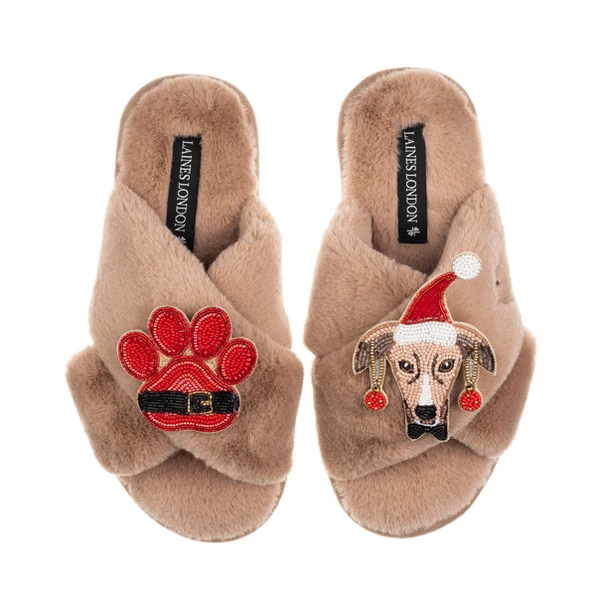 Laines London Classic Slippers With Christmas Greyhound & Paw Brooches
