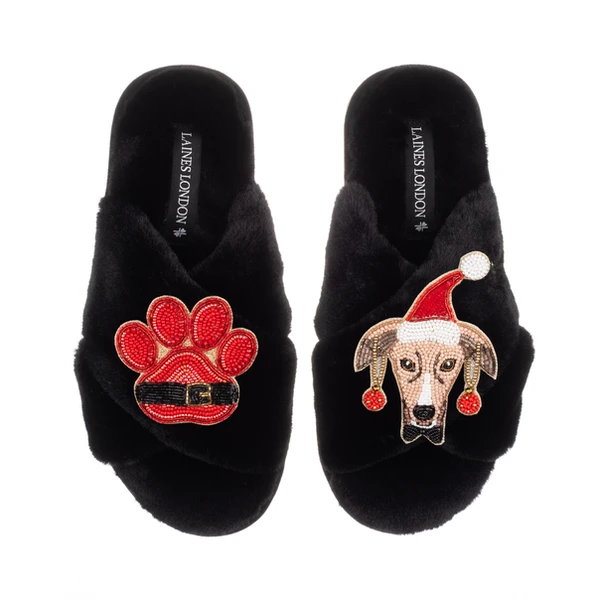 Laines London Classic Slippers With Christmas Greyhound & Paw Brooches