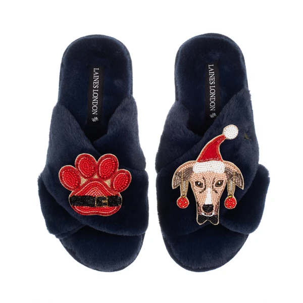 Laines London Classic Slippers With Christmas Greyhound & Paw Brooches