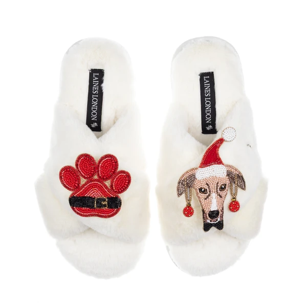 laines london Classic Slippers With Christmas Greyhound & Paw Brooches