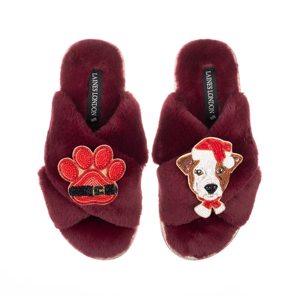 Laines London Classic Slippers With Christmas Jack Russell & Paw Brooches