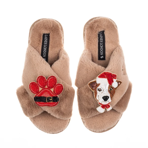 Laines London Classic Slippers With Christmas Jack Russell & Paw Brooches
