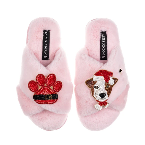 laines london Classic Slippers With Christmas Jack Russell & Paw Brooches