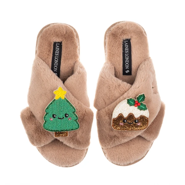 Laines London Classic Slippers With Christmas Lovable Pudding & Tree Brooches